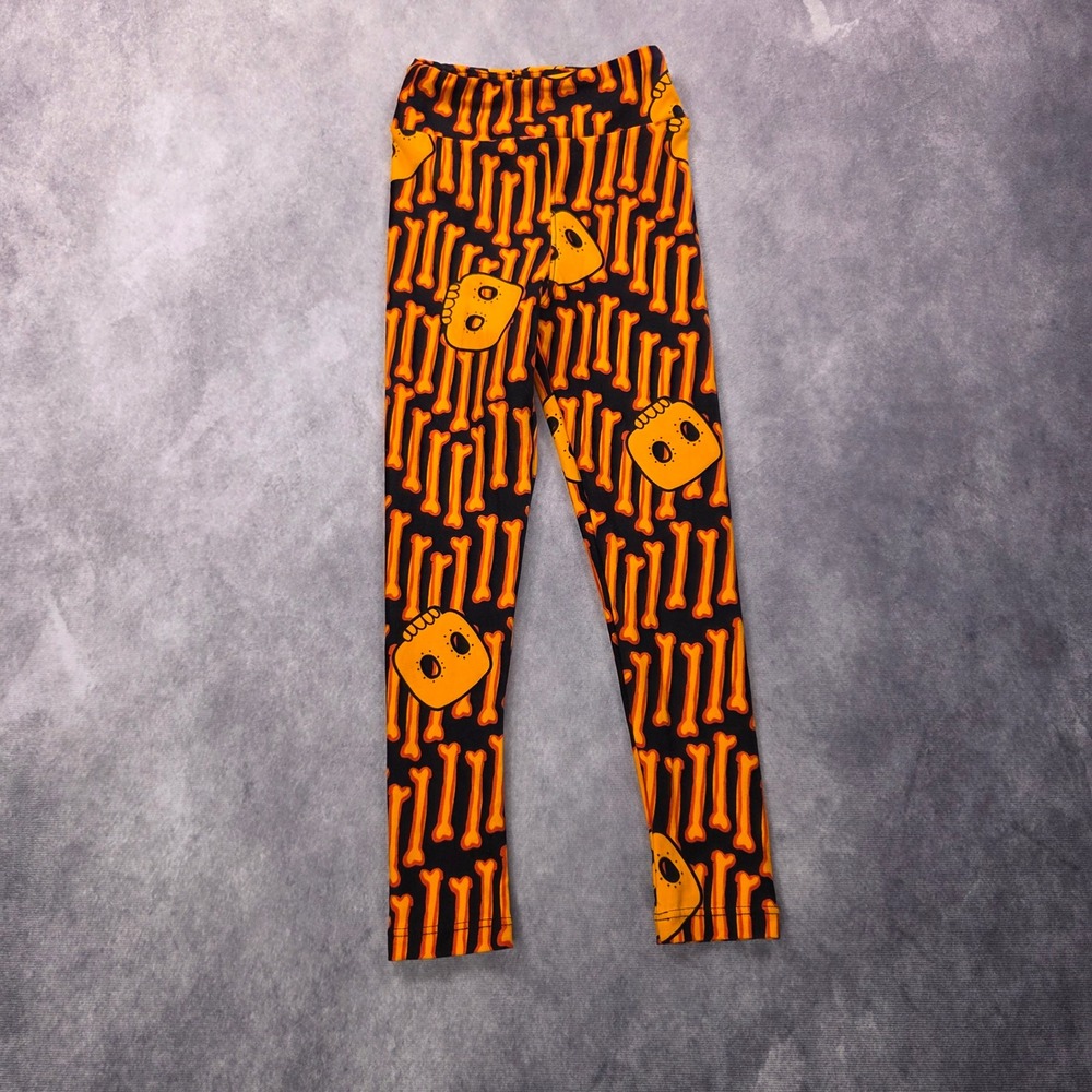 LuLaRoe Leggings Kids S/M fits size 2-8 Orange Bones Skulls Halloween Spooky